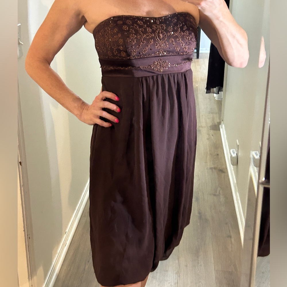 NWT David’s Bridal Chocolate Brown Strapleas dress with gold accents